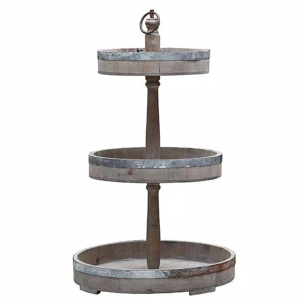 3R Studios Grace 15.5 in. Grey Mango Wood 3-Tier Decorative Tray with Tin Trim