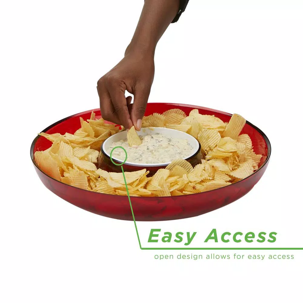 Mind Reader Red Acrylic Chip and Dip Bowl Set, 13-Inch Round Snack Serving Tray