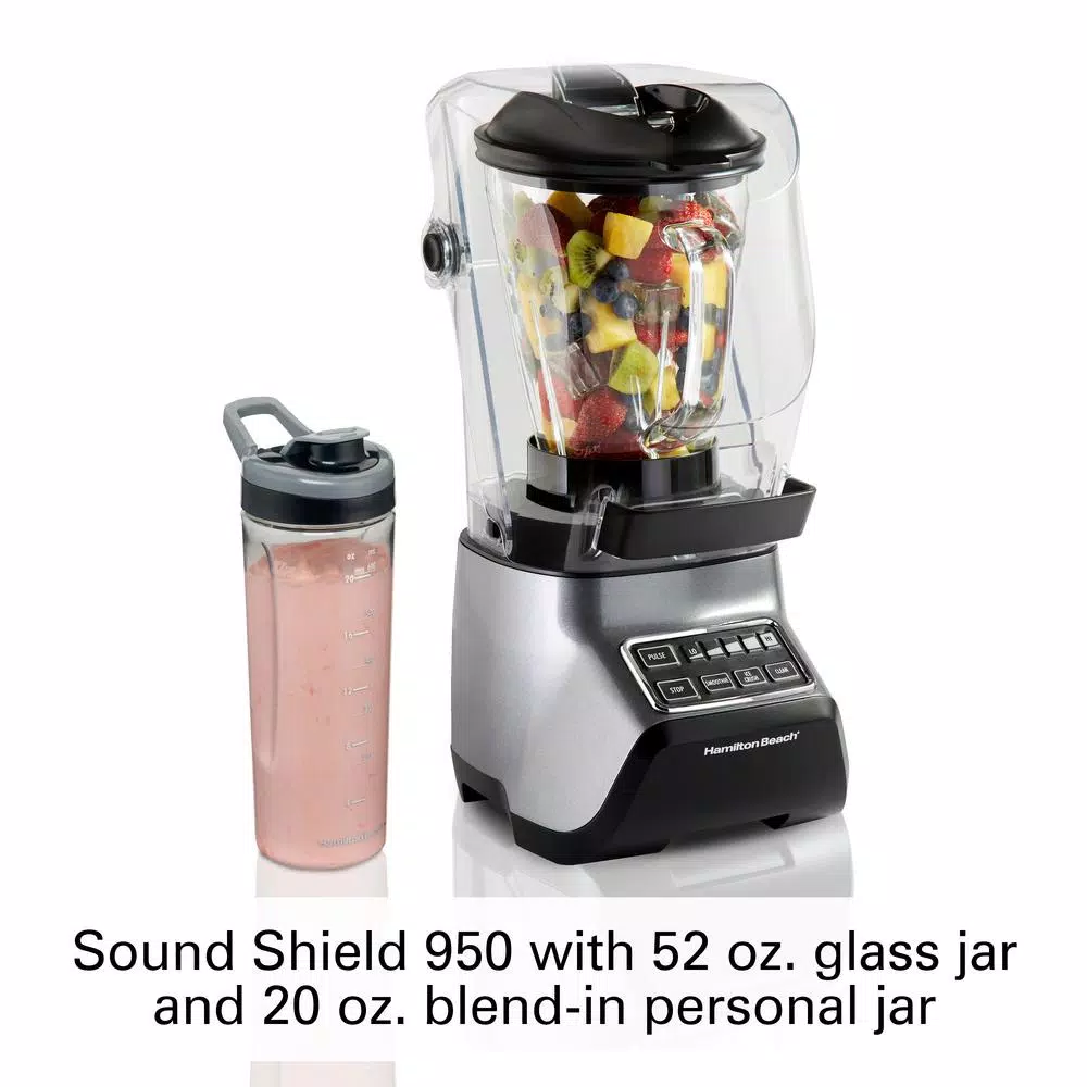 Hamilton Beach Sound Shield 950 Blender, 52 oz Glass Jar, 950W Peak Power, Grey