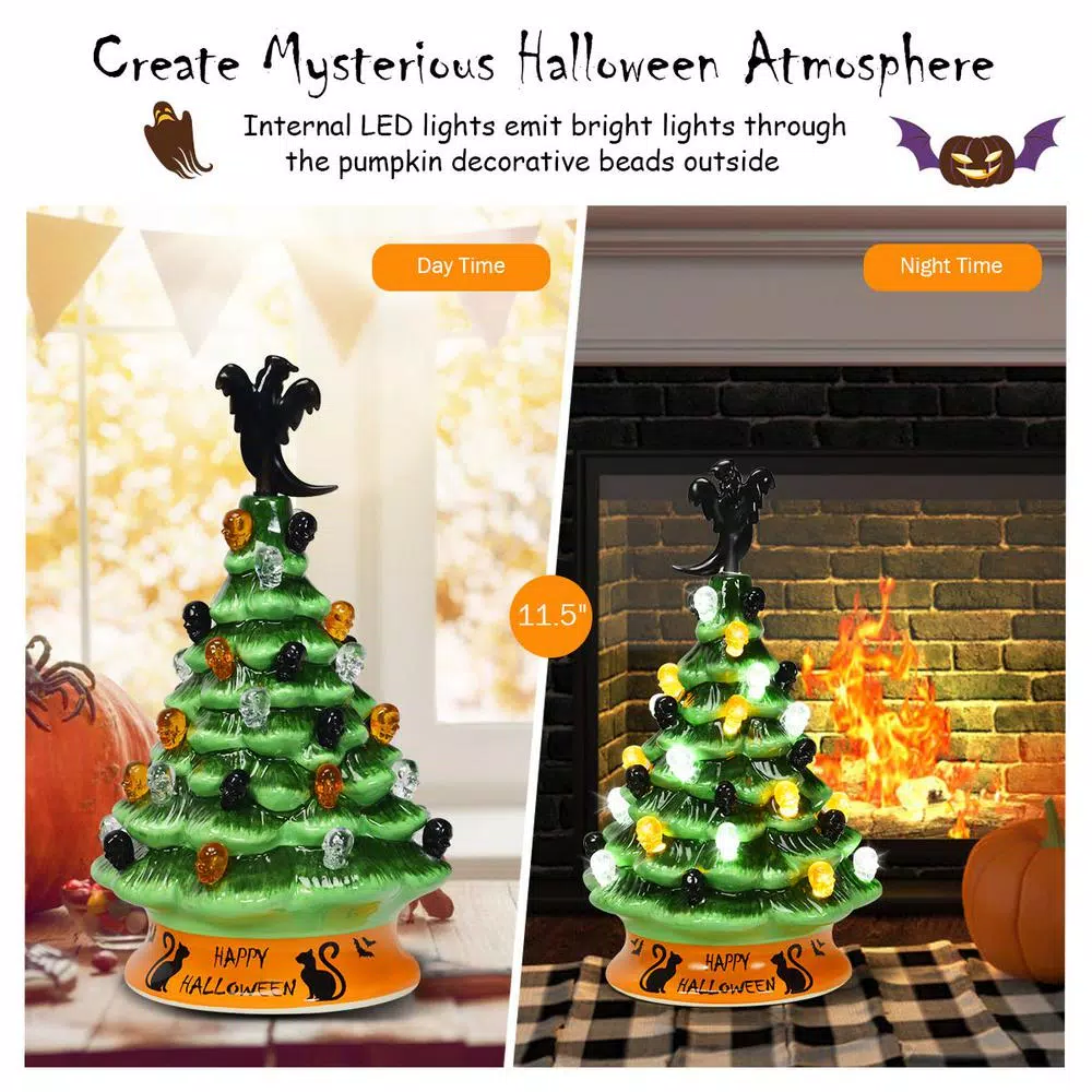 Costway 11.5 in. Green Ceramic LED Haunted Halloween Tree with Ghost and Skeleton Accents