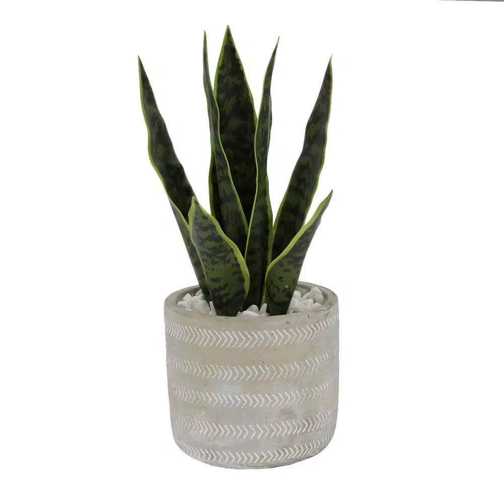 Flora Bunda 12 in. Faux Snake Plant in 4.75 in. Arrow Pattern Cement Planter