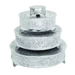 Benzara Silver Aluminum Cake Stand Set of 4 - Assorted Sizes with Intricate Carved Embossed Pattern thumbnail 1