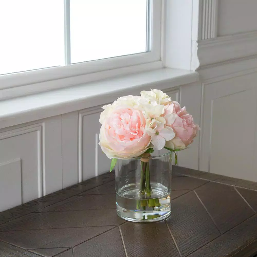 Pure Garden 7.5 in. Pink and Cream Hydrangea and Rose Floral Arrangement in Glass Vase