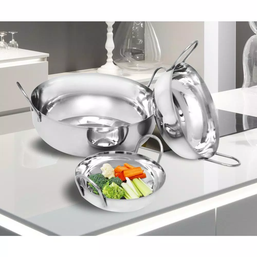 Unbranded 3-Piece Stainless Steel Balti Pan Set, 3 Sizes (3.25 Qt., 1.25 Qt., 0.50 Qt.)
