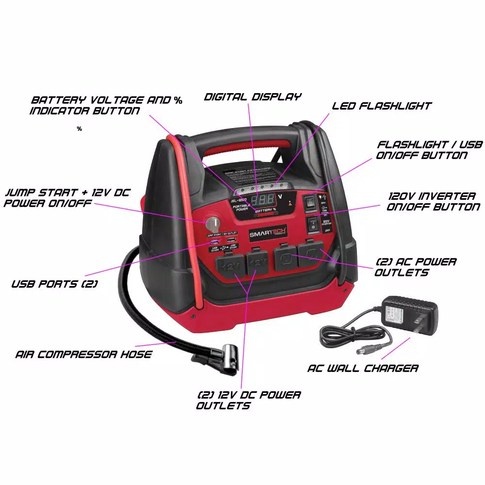 Smartech Products Smartech JSL-1250 Portable Power Station with 1250 Amp Jump Starter and 150 PSI Air Compressor