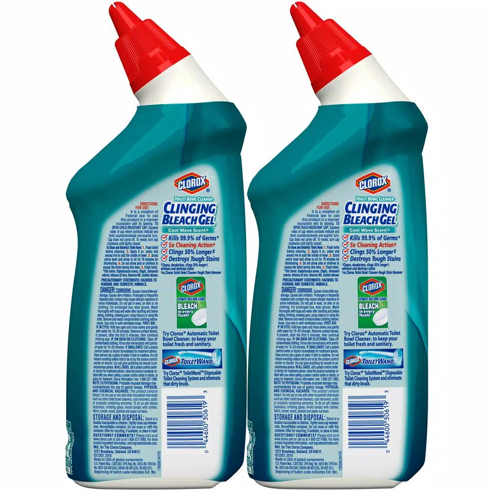 Clorox Toilet Bowl Cleaner Clinging Bleach Gel, Cool Wave Scent, 24 oz (2-Pack)