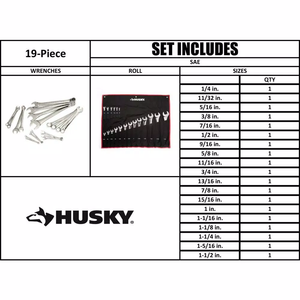 Husky 19-Piece SAE Ratcheting Combination Wrench Set