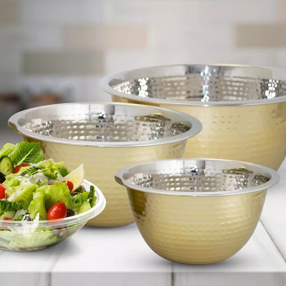 ExcelSteels 3 Qt Professional Stainless-Steel Hammered Mixing Bowl with Gold Tone