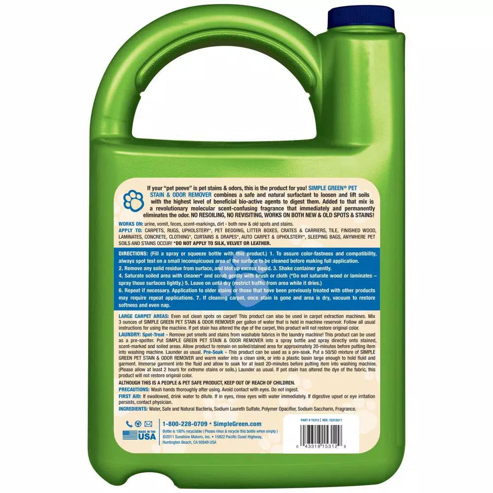 Simple Green Cat Stain and Odor Remover, 128 oz. Pet Urine and Mess Cleaner
