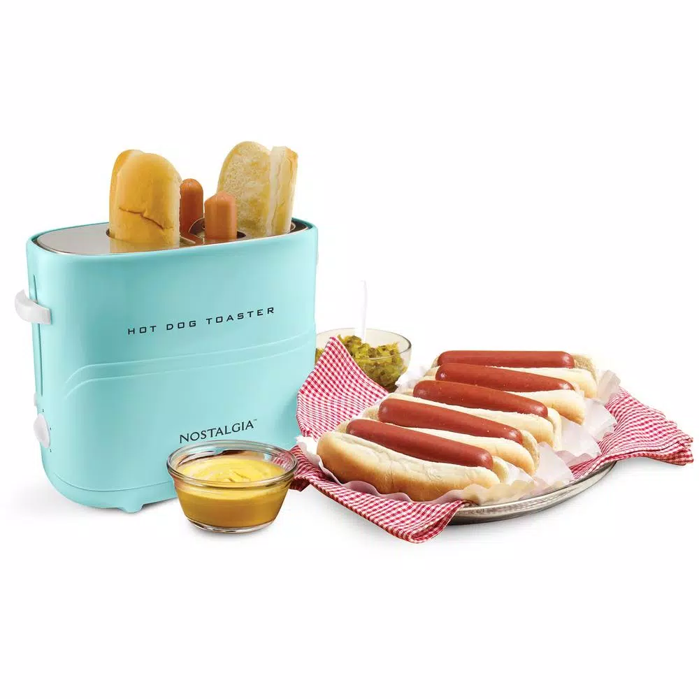 Nostalgia Retro Series 2-Slice Aqua Long Slot Hot Dog and Bun Toaster with Crumb Tray and Mini Tongs