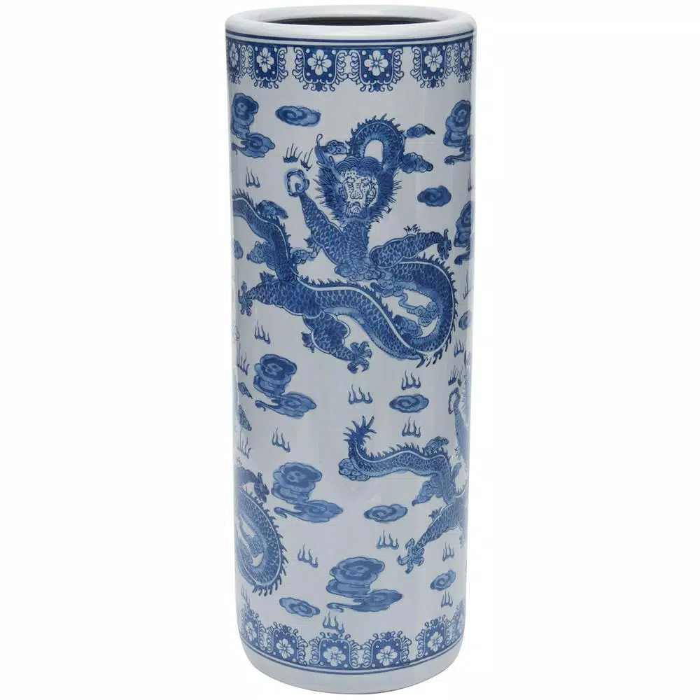 Unbranded 24 in. Blue and White Porcelain Dragon Umbrella Stand and Floor Vase