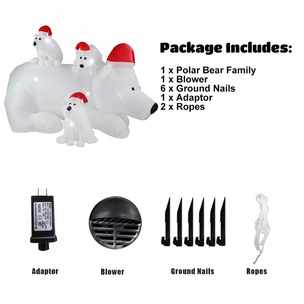 JOYDECOR 6 ft. Polar Bear Family Christmas Inflatable with LED Lights and Red Santa Hats