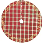 VHC Brands 55 in. Holiday Cherry Red Plaid Cotton Christmas Tree Skirt with Gold Embroidery thumbnail 1
