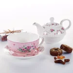 MALACASA Elegant Porcelain Tea Set for One - 3 Piece Teapot, Teacup and Saucer Set, White with Pattern thumbnail 5
