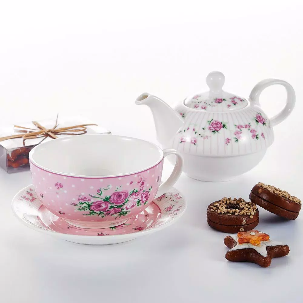 MALACASA Elegant Porcelain Tea Set for One - 3 Piece Teapot, Teacup and Saucer Set, White with Pattern