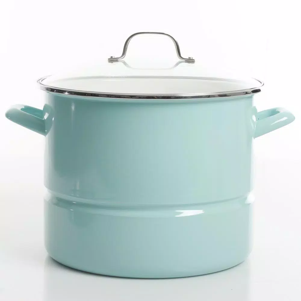 Kenmore 16-Quart Steel Stock Pot Set with Steamer Insert and Glass Lid, Broadway Blue