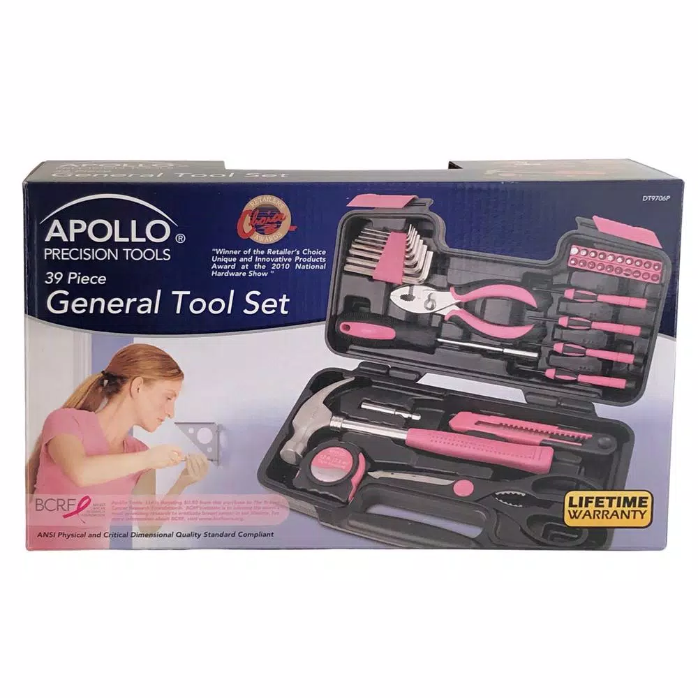 Apollo 39-Piece General Homeowner Hand Tool Set in Pink