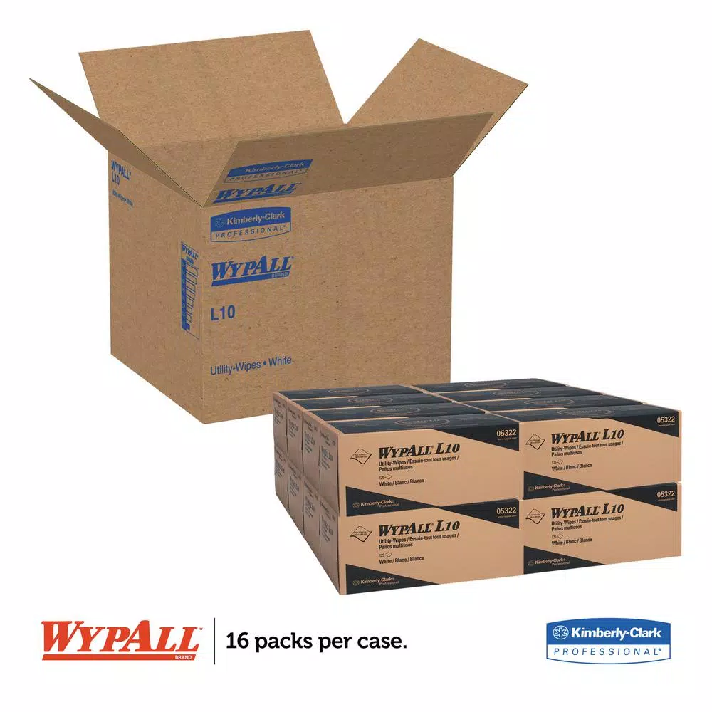 WYPAll L10 Utility Wipes, 1-Ply White Pop-Up Disposable Wipers, 125 Count, 18 Boxes Per Carton