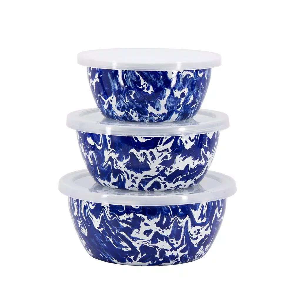 Golden Rabbit Cobalt Swirl 3-Piece Enamelware Bowl Set with Lids