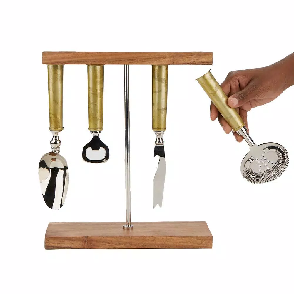 Mind Reader 4-Piece Galvanized Steel Barware Set with Magnetic Bamboo Stand
