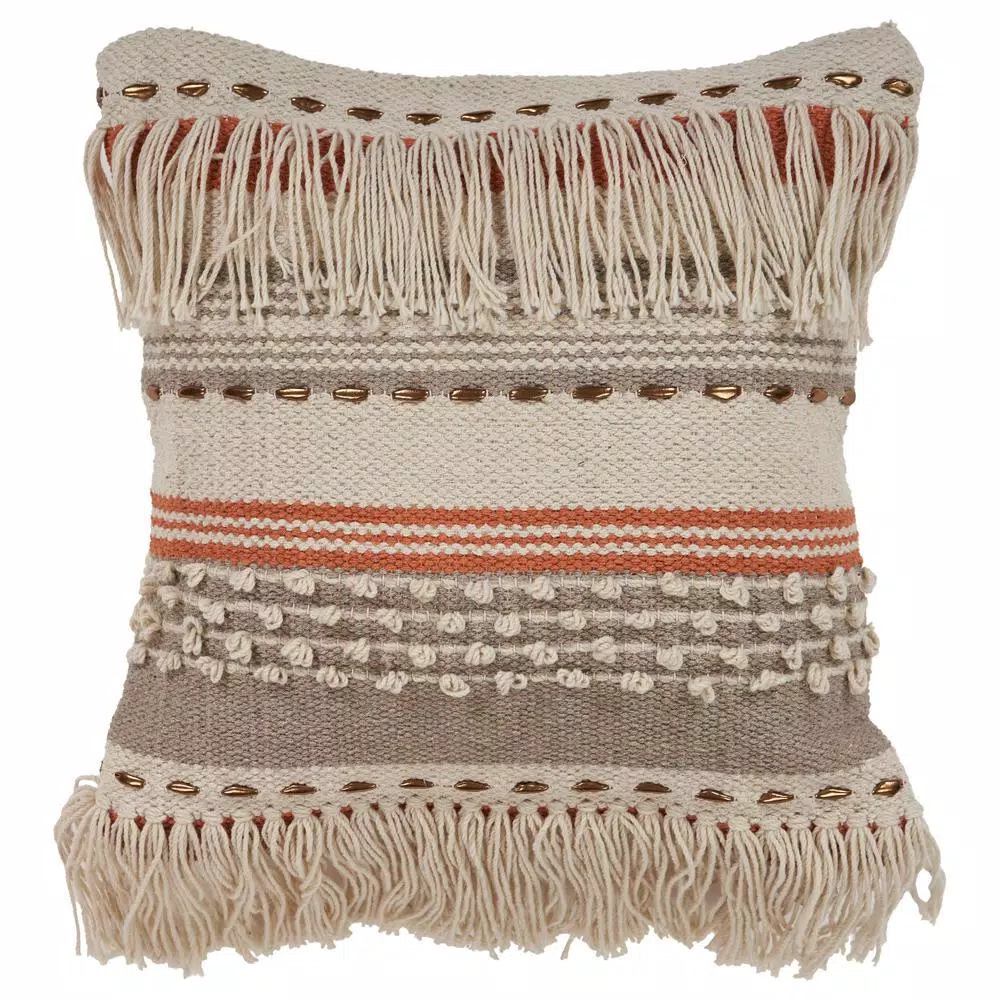 LR Resources Chic Beige Striped Fringe Throw Pillow - 18 x 18 in. Cotton Cover Hypoallergenic Polyester Fill