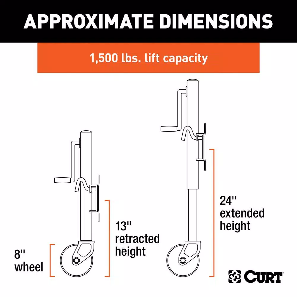 CURT Marine Trailer Jack with 8" Wheel, 1,500 lbs. Capacity, 10" Travel