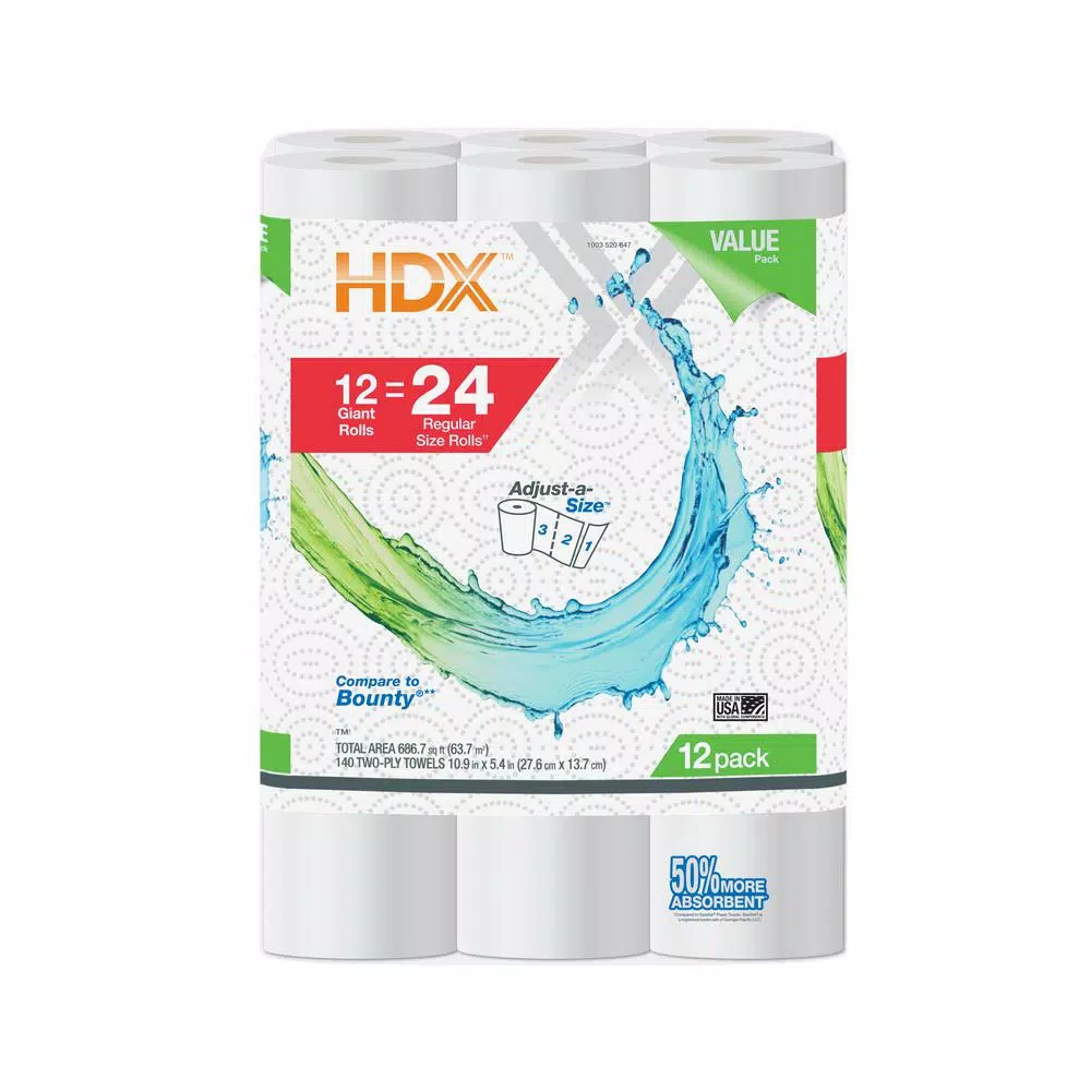 HDX 2-Ply Paper Towels, Ultra Absorbent, Adjust-A-Size, 12 Rolls