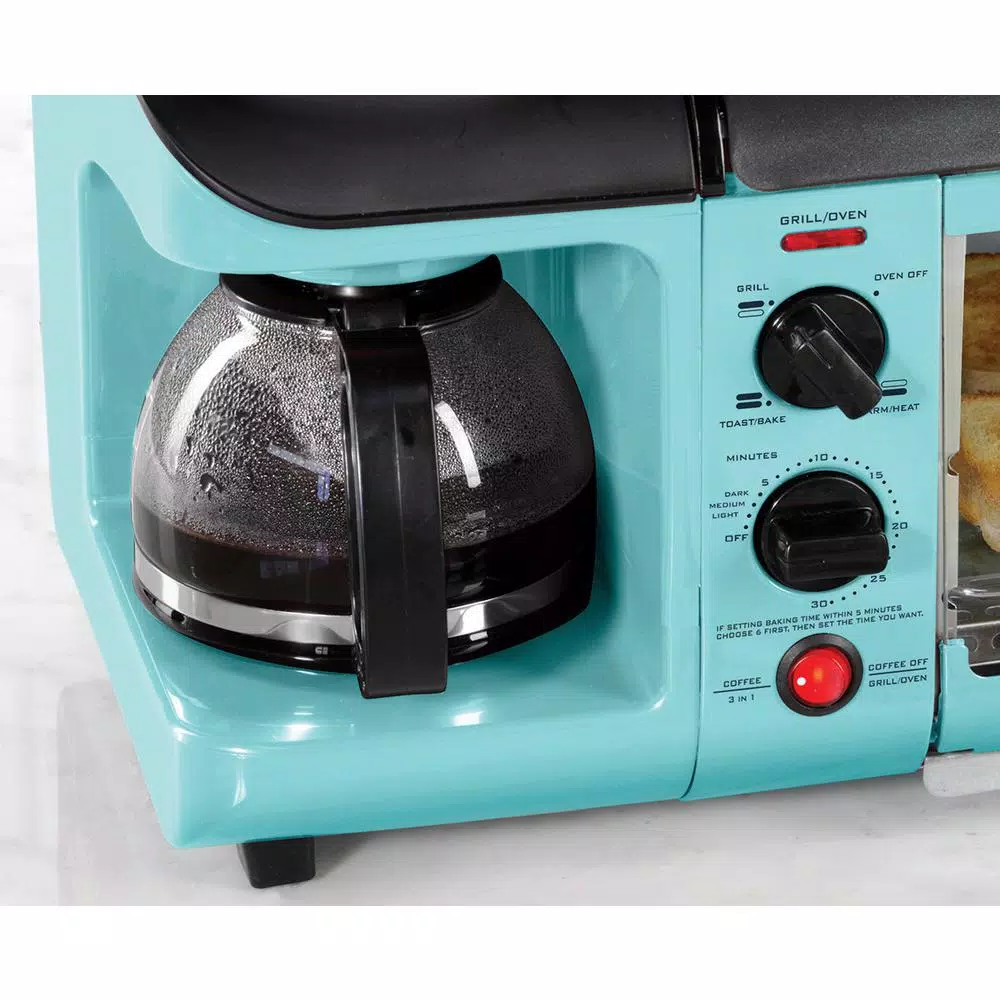 Nostalgia BSET300BLUE Retro Series 3-in-1 Breakfast Station, 1500W, 4-Slice Toaster Oven & 4-Cup Coffee Maker, Blue