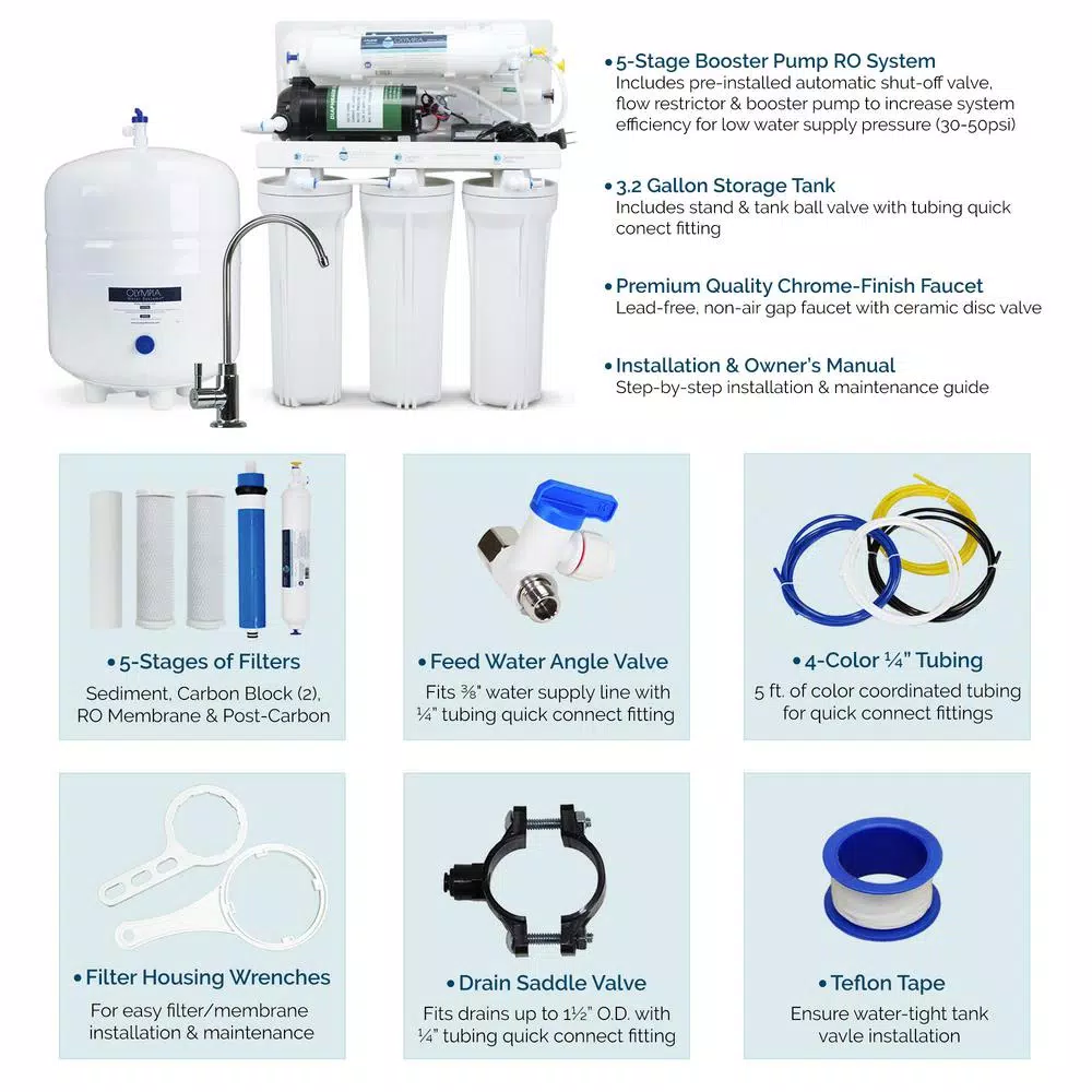 Olympia Water Systems 5-Stage Reverse Osmosis Water Filtration System with Electric Booster Pump