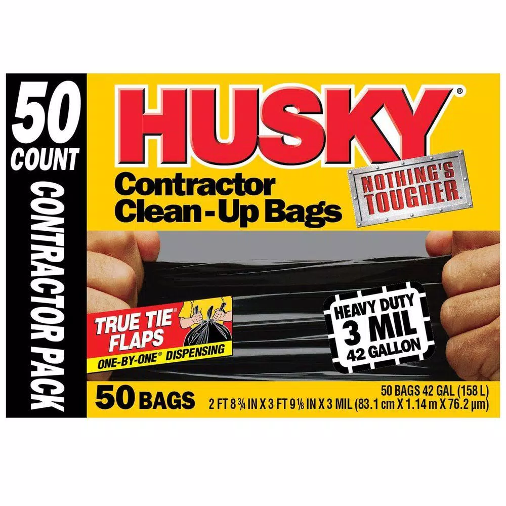 HUSKY 42 Gal. Heavy-Duty Contractor Trash Bags, 3 Mil Thickness, Black, 50-Count