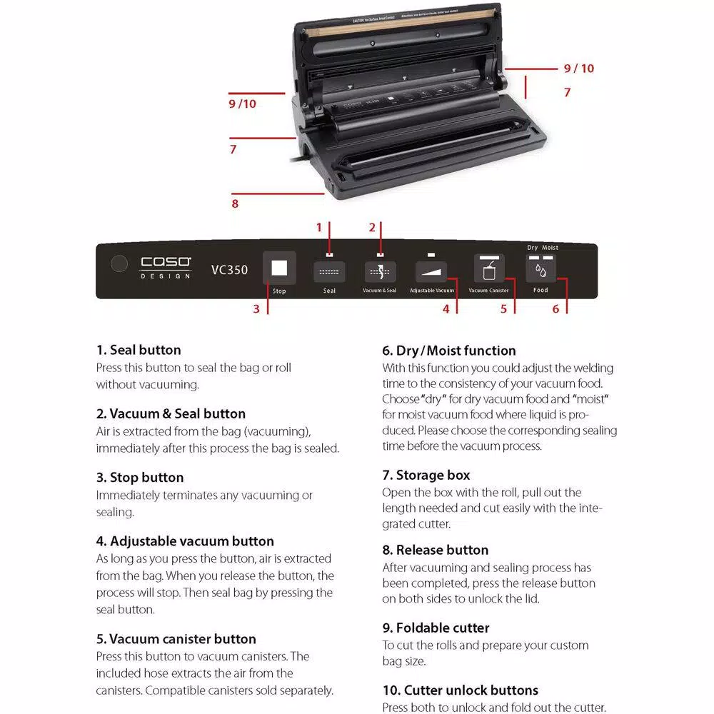 Caso Design VC 350 Food Vacuum Sealer All-in-One System - Brushed Stainless & Black