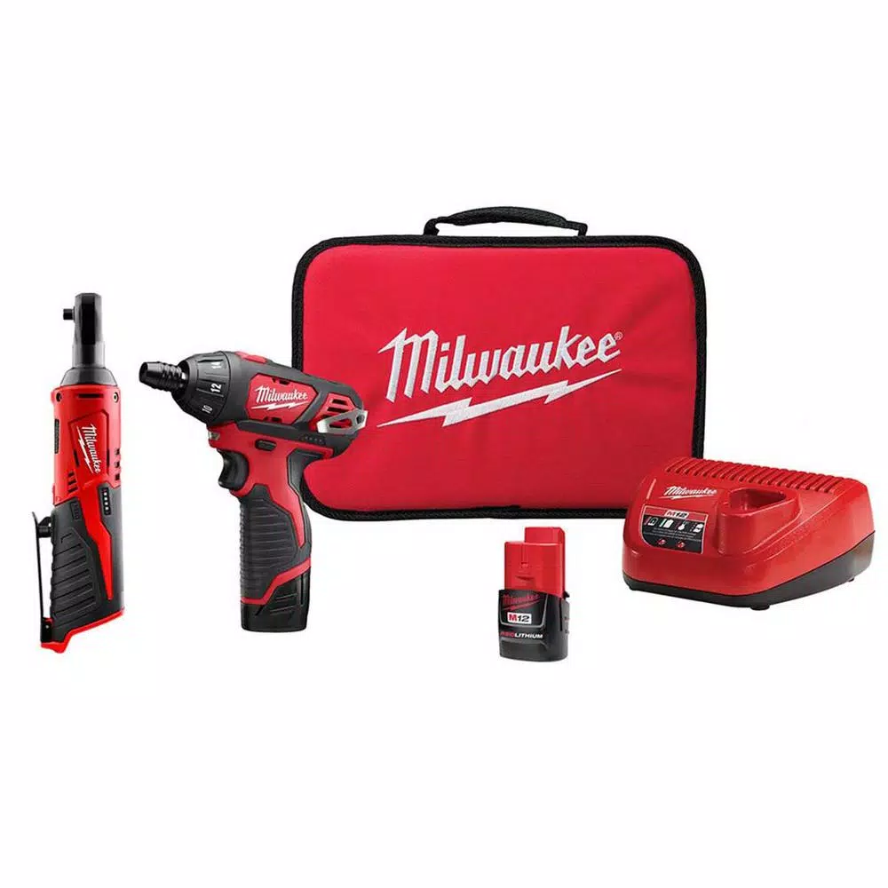 Milwaukee M12 12V Lithium-Ion Cordless 1/4 in. Hex Screwdriver and 1/4 in. Ratchet 2-Tool Combo Kit