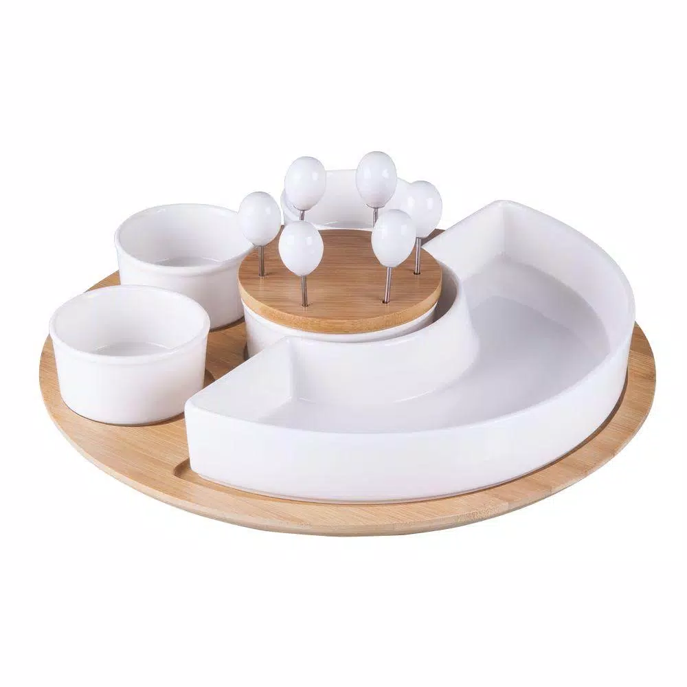 Legacy Symphony Ceramic and Bamboo Appetizer Serving Set with 3 Dip Bowls and 6 Picks