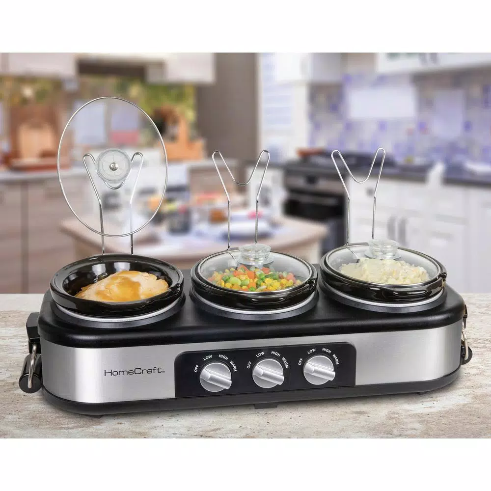 HomeCraft 3-Station Stainless Steel Slow Cooker Buffet with 3 Removable 1.5 qt. Ceramic Pots