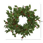 Nearly Natural Inc. 24 in. Holly Berry Artificial Wreath, Pre-Decorated Greenery thumbnail 2