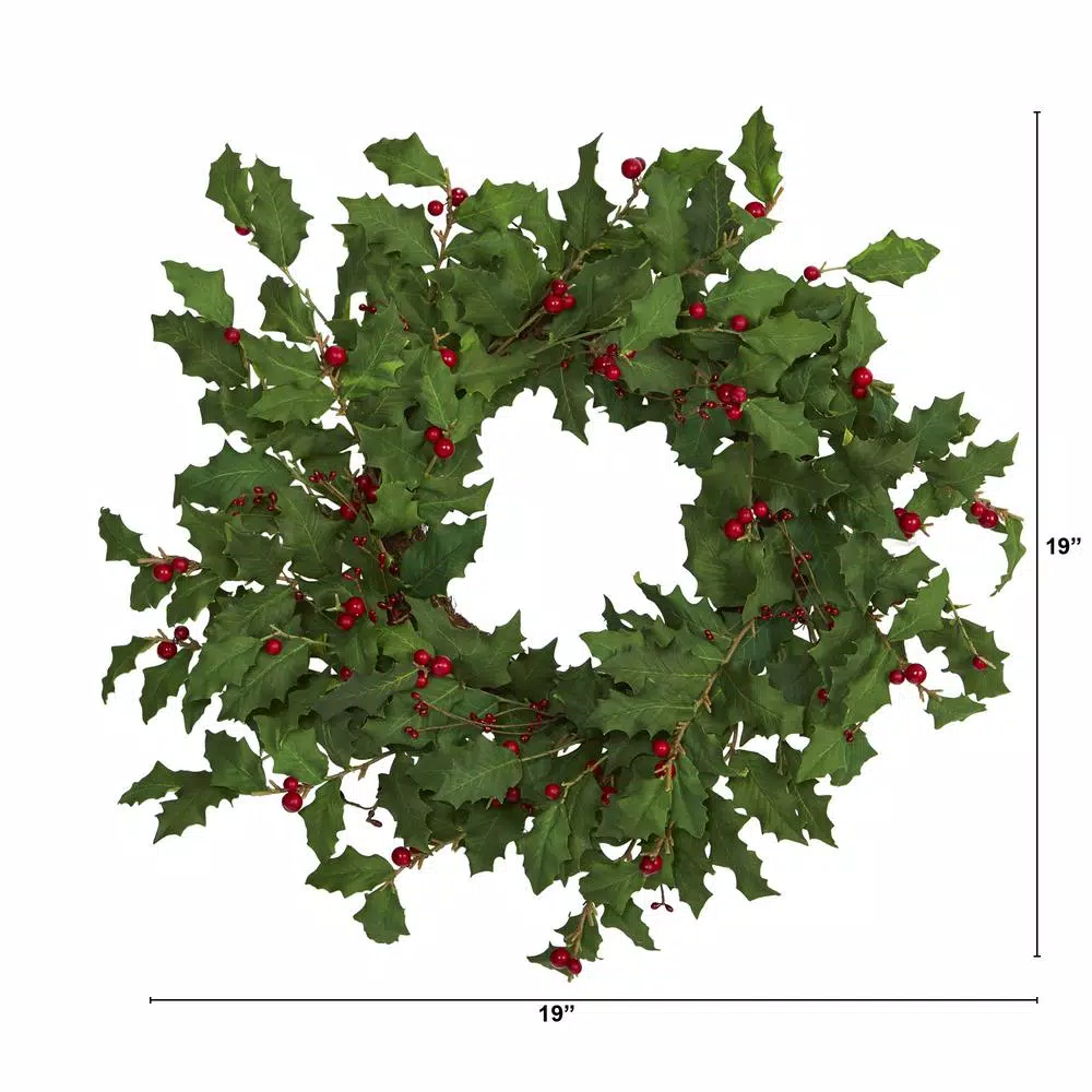 Nearly Natural Inc. 24 in. Holly Berry Artificial Wreath, Pre-Decorated Greenery