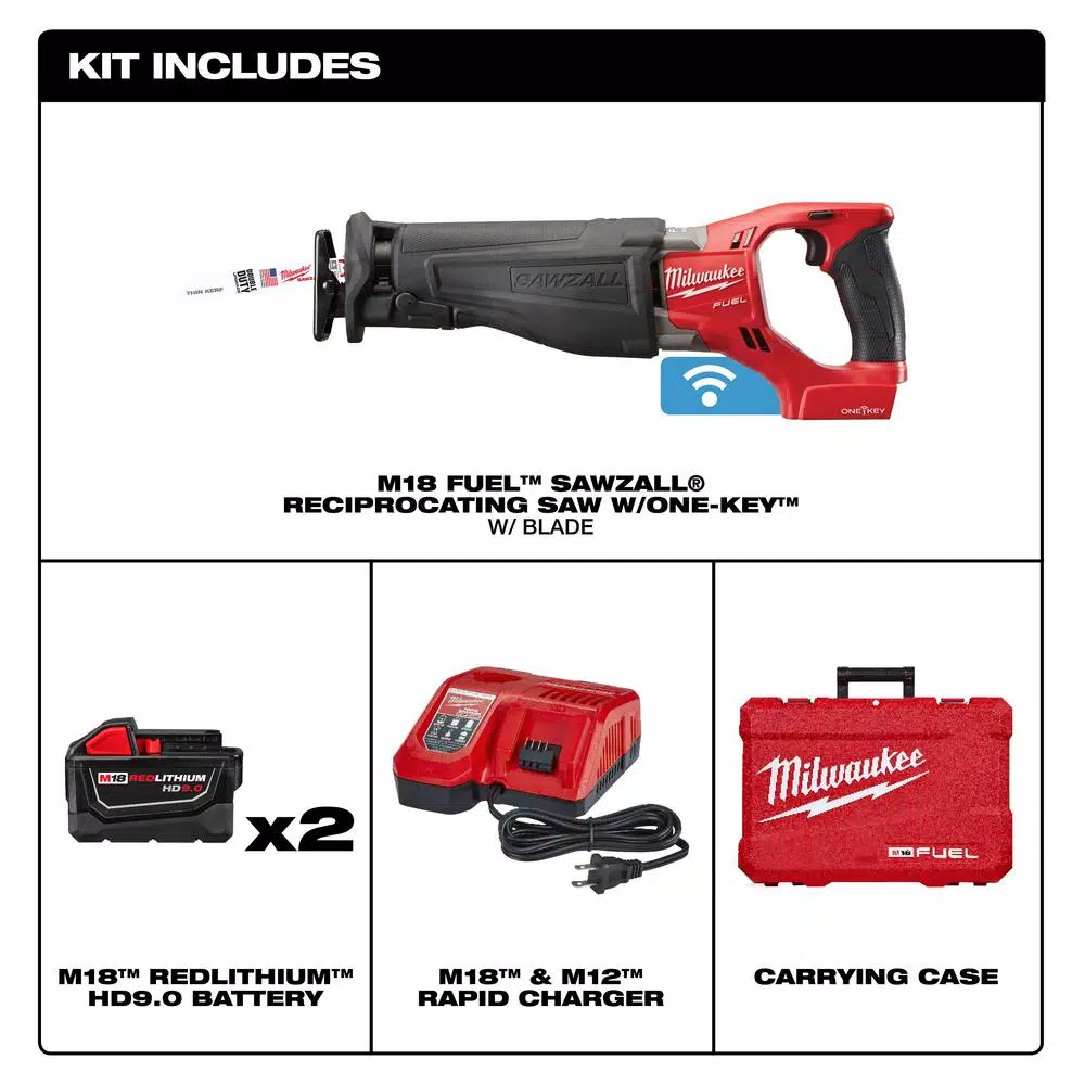 Milwaukee M18 FUEL ONE-KEY Reciprocating Saw Kit with Two 9.0 Ah Batteries and Charger