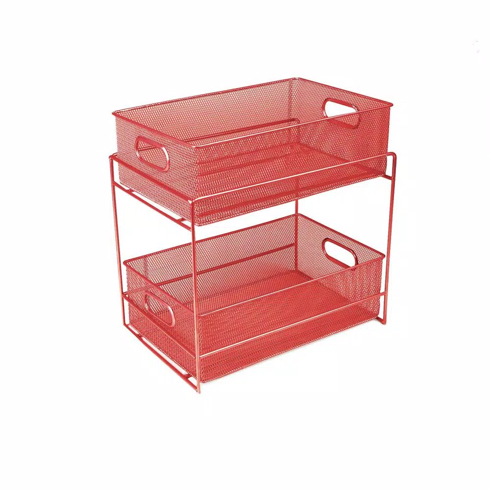 MIND READER 2-Tier Red Metal Mesh Utensil Caddy & Flatware Organizer
