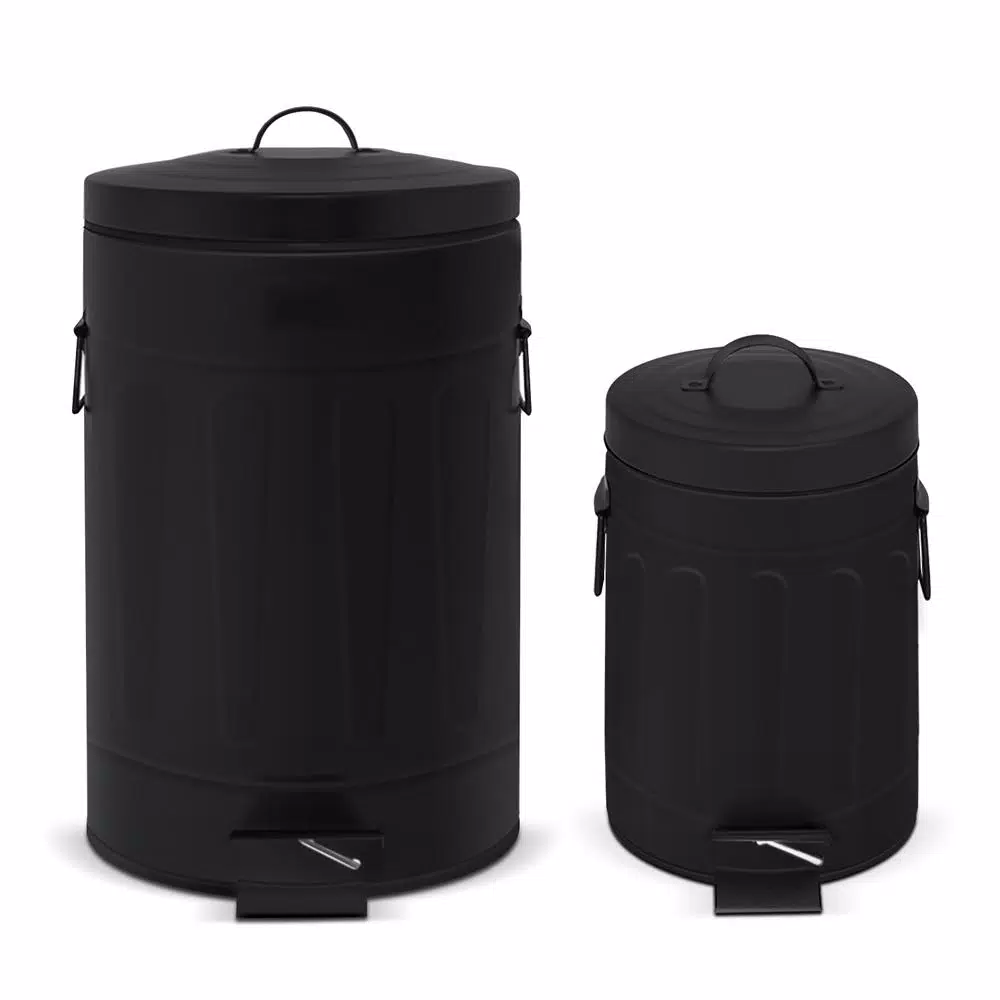 Innovaze New York Style Round Black Metal Step-On Trash Can Set - 12L & 3L Capacity