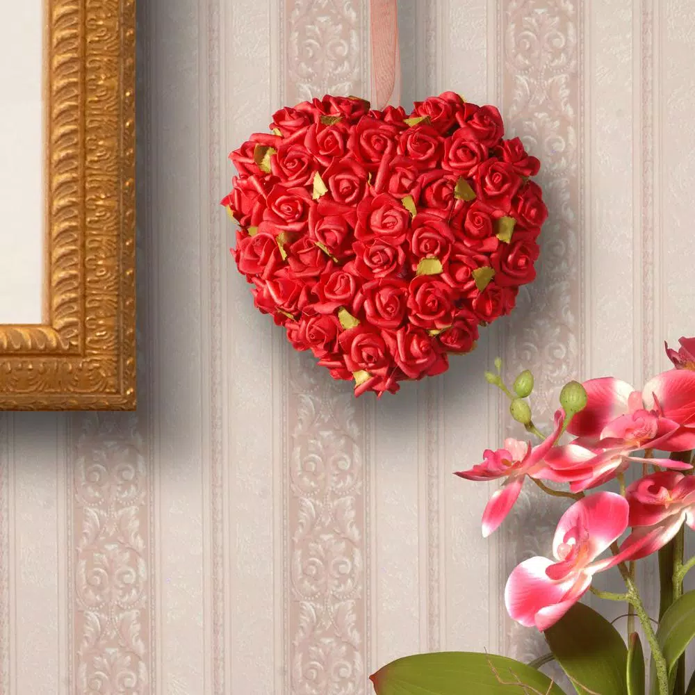 National Tree Company 7 in. Red Rose Heart Fabric Flower Wreath Decoration