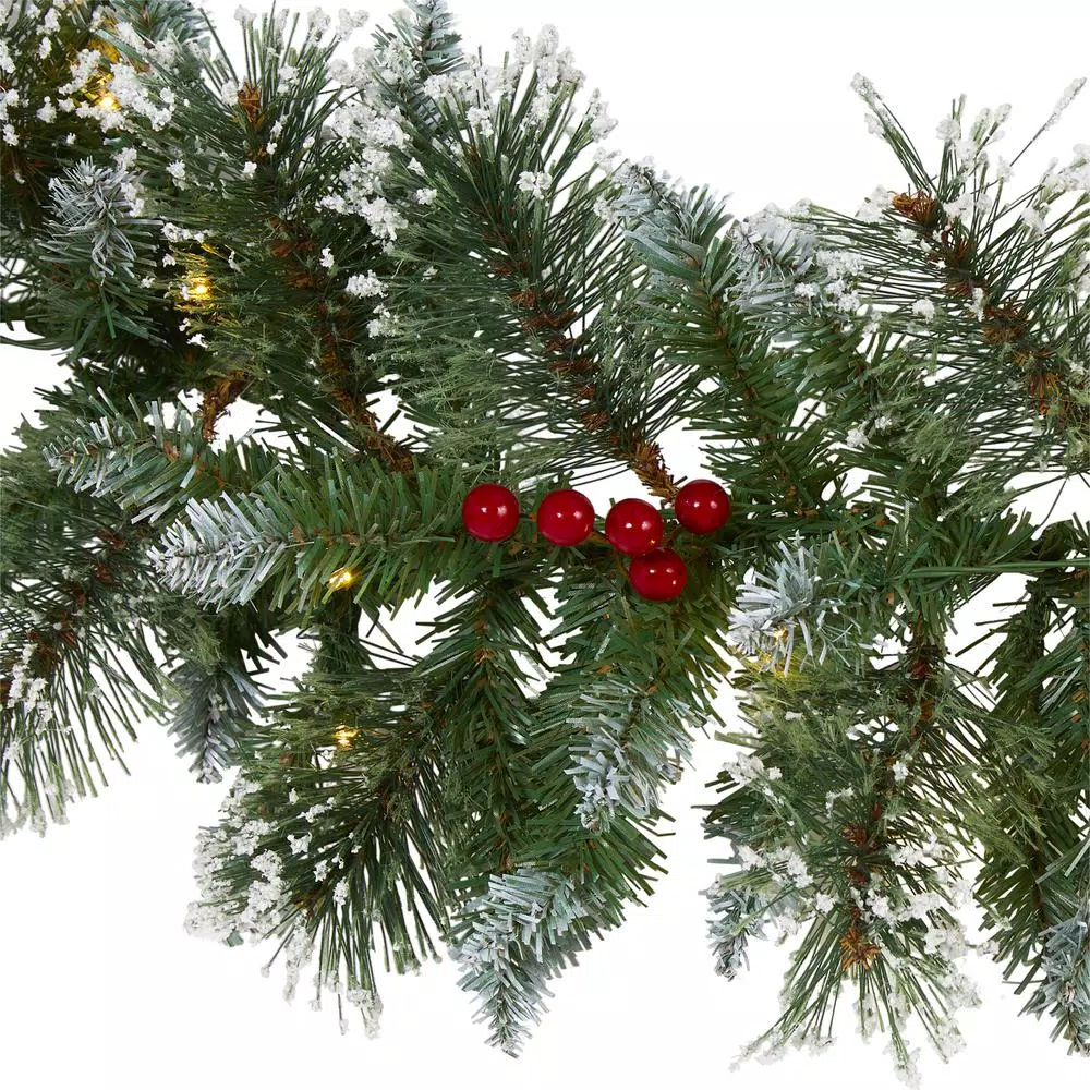 Nearly Natural 9 ft. Pre-lit Frosted Swiss Pine Artificial Garland with 50 LED Lights and Berries