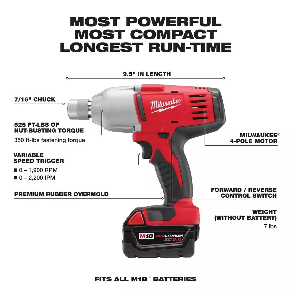 Milwaukee M18 18V Cordless 7/16 in. High-Torque Impact Wrench Kit with (2) 3.0Ah Batteries, Charger & Case