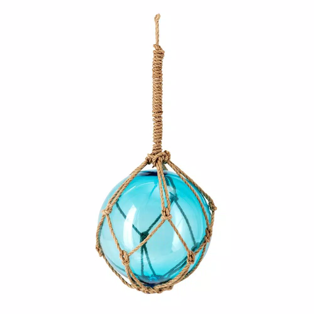 IMAX Worldwide Home Blue Glass Floats with Jute Rope Netting - Set of 3 Coastal Nautical Decor