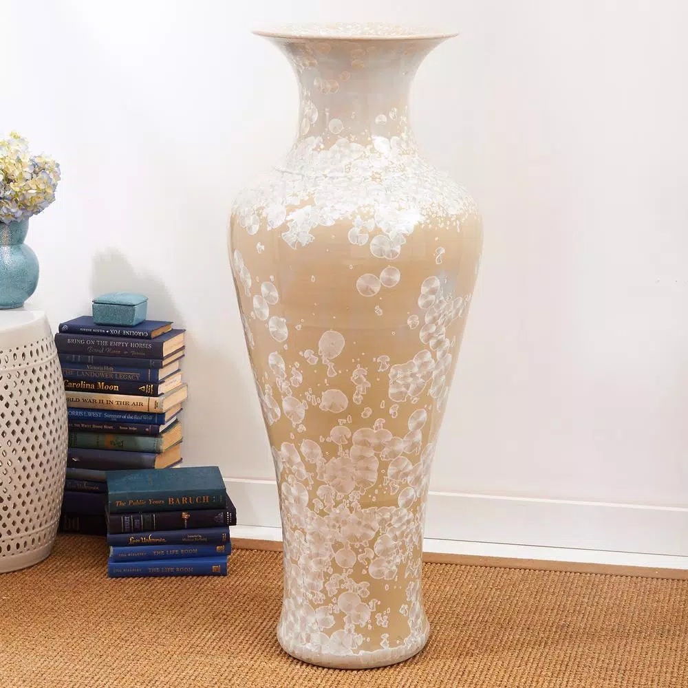 Two's Company 41.25 in. Ivory Porcelain Floor Vase with Mother of Pearl Effect