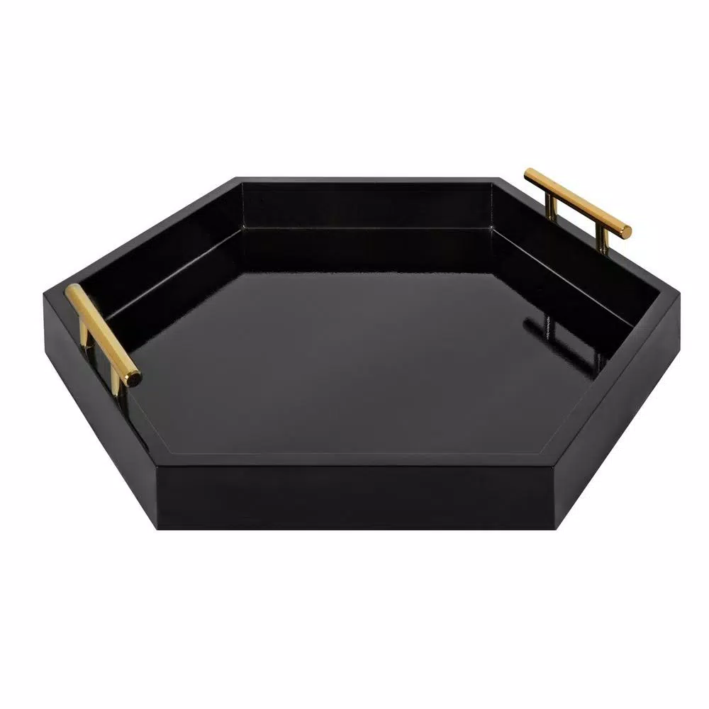 Kate and Laurel Lipton 18 in. Black and Gold Hexagon Decorative Serving Tray with Metal Handles