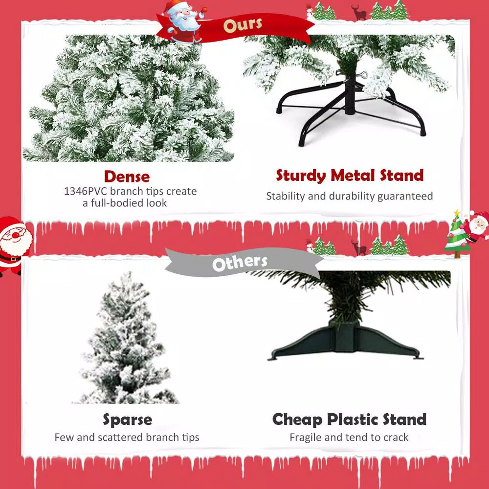 Costway 7.5 ft. Snow Flocked Hinged Pine Artificial Christmas Tree, 1346 Tips, Unlit