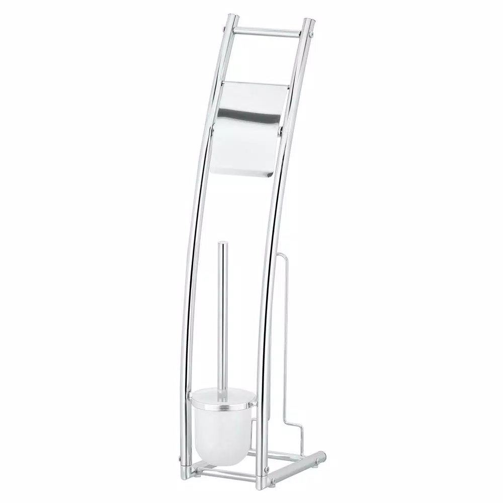 Furinno Wayar Toilet Brush and Paper Holder Stand, 3-in-1 Freestanding Chrome Bathroom Organizer, Silver