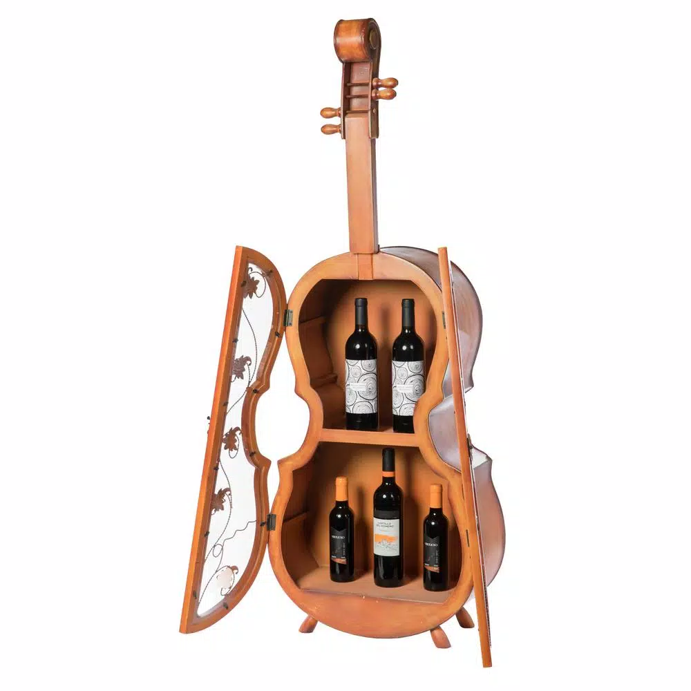 Vintiquewise Antique Brown Violin Shaped Wooden Wine Rack - 53.5 inch Floor Wine Cabinet with Acrylic Doors