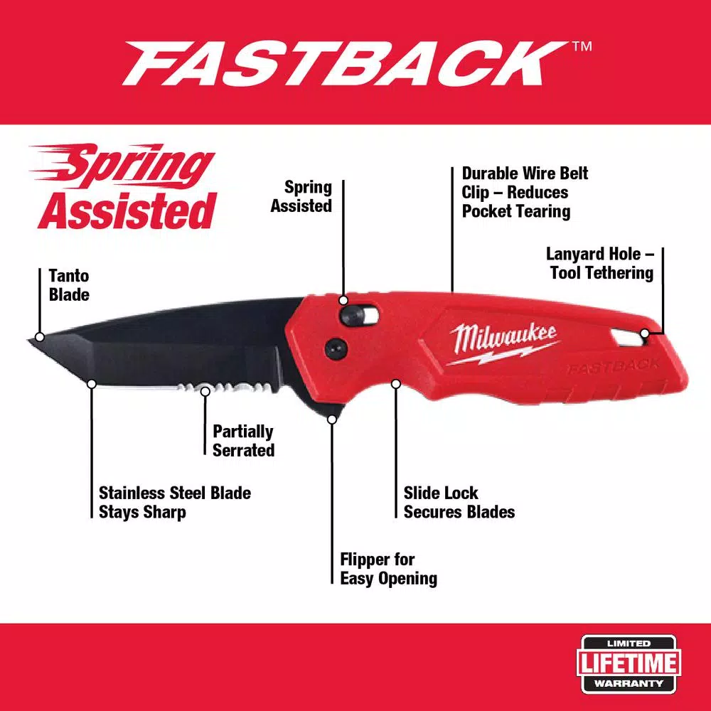 Milwaukee FASTBACK Spring-Assisted Folding Knife, 2.95 in. Stainless Steel Tanto Blade