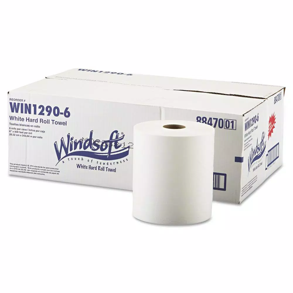 Windsoft Hardwound Roll Towels, 8 in. x 800 ft, White, 1-Ply (6 Rolls per Carton)